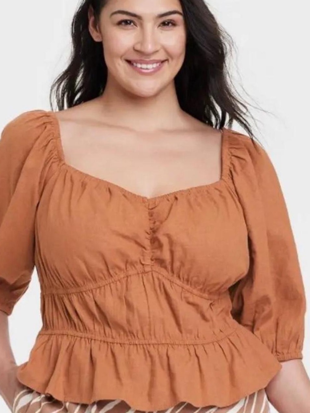 A New Day Rust Linen Blend Puff Sleeve Peplum Top Size Small